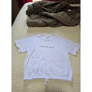 Rebel Society Love Ya Self Graphic Tee White Cinch Hem Short Sleeve Top M